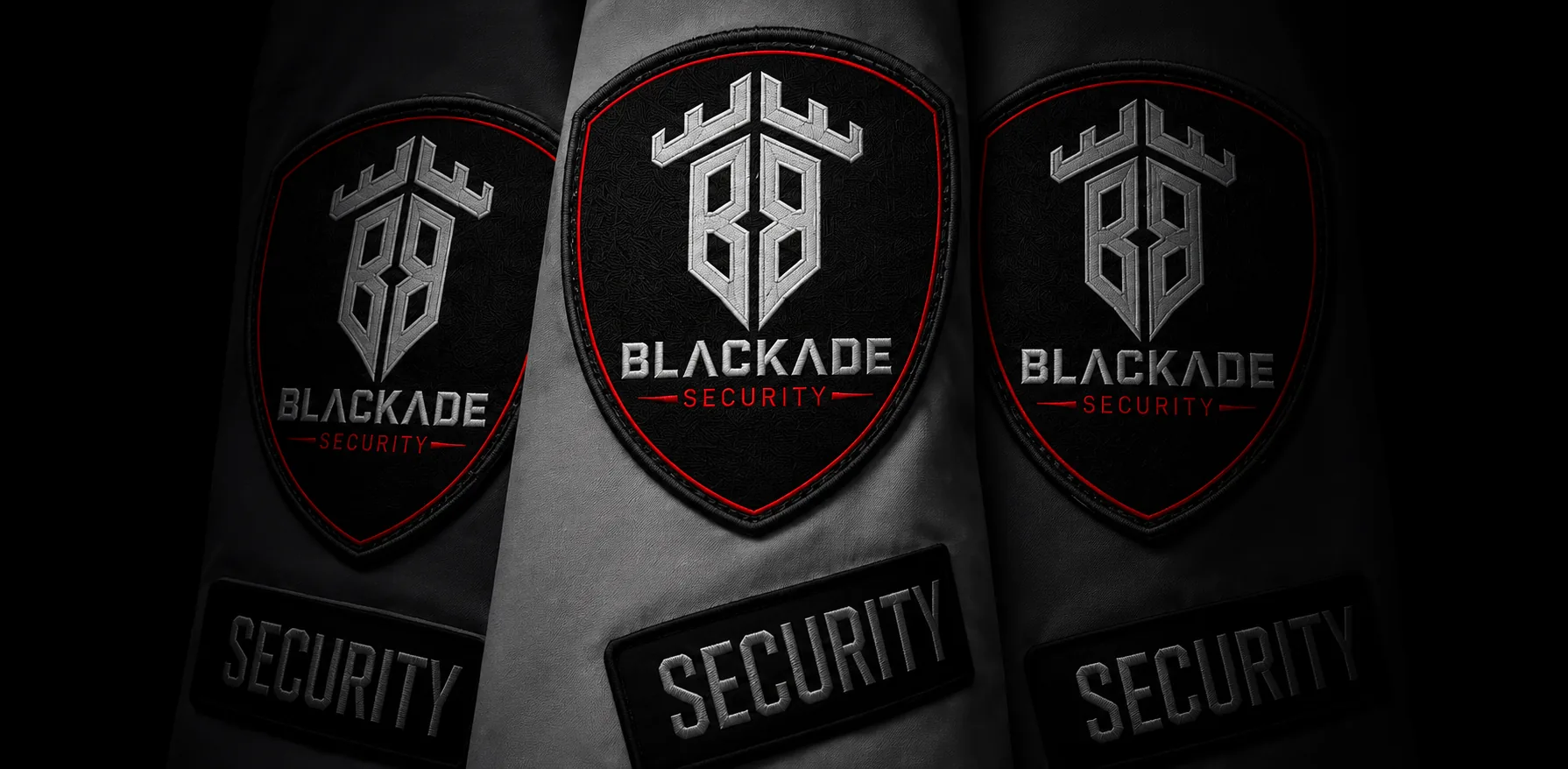 Three Blackade Security uniform patches in a row